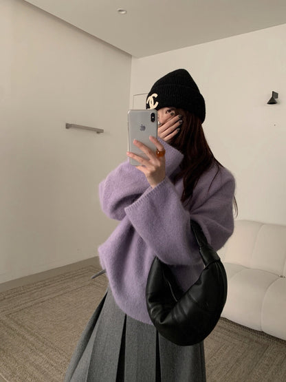 // 色系超美30%兔毛毛茸感軟糯親膚圓領毛衣