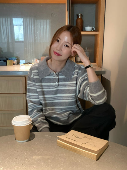 // 復古拼間翻領針織上衣