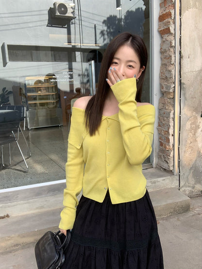 🗝️ 小性感顯瘦排扣大翻領針織上衣