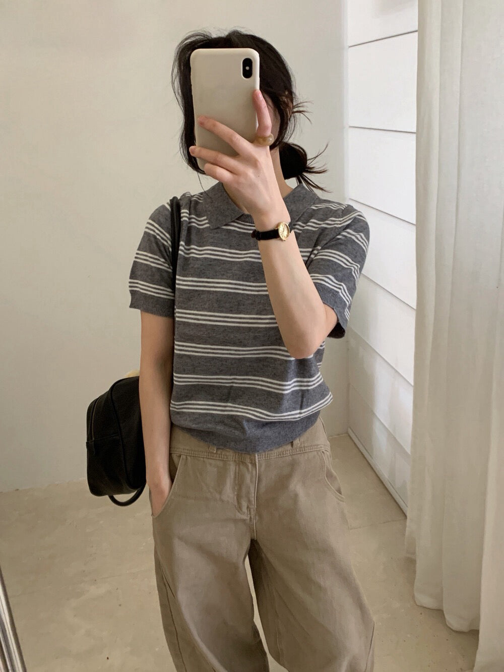 // Miu風翻領間條短袖NT