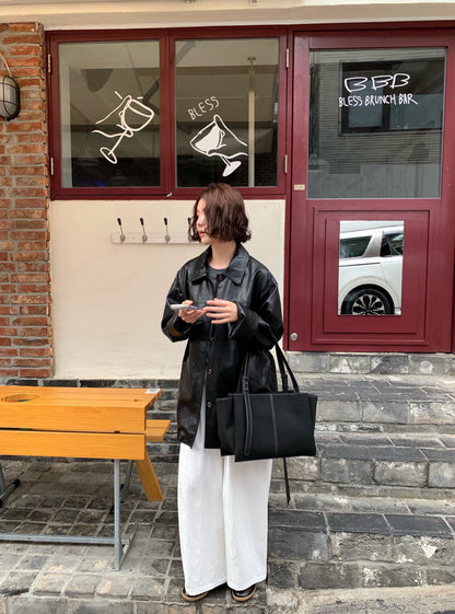 // vintage油蠟皮連腰包腰帶翻領中長外套