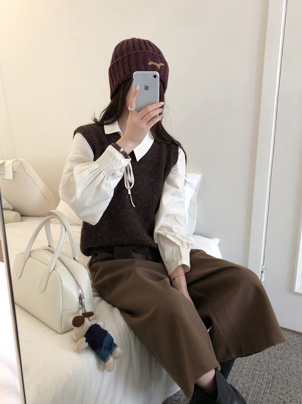 // 帥氣八分毛呢料加絨褲(連小腰包+腰帶)