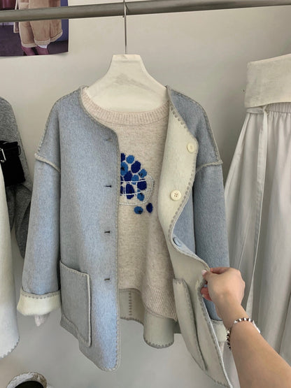 // 可雙面穿撞色縫邊70%羊毛外套(連頸巾)