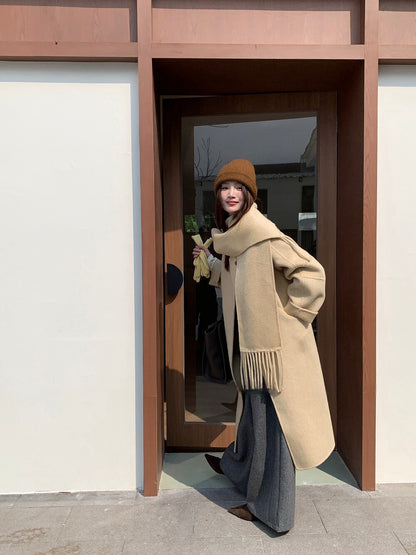 // 100%wool簡約圓領手工雙面長外套(連頸巾)