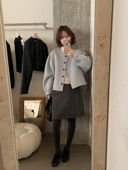 // 100%羊毛簡約圓領小口袋雙面羊毛手工外套