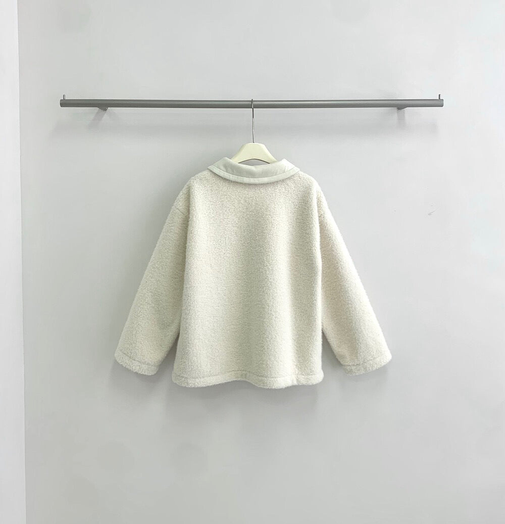 // 拼接材質羊羔毛翻領中長外套