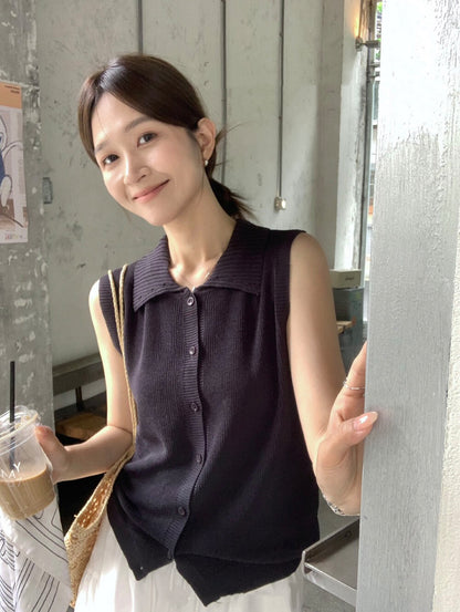 // 直紋翻領天絲麻針織背心
