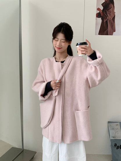 // 100%wool圓領大袋雙面毛呢外套(連袋仔)