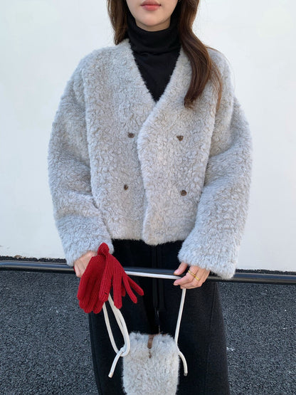 // V領雙排扣毛毛皮毛一體外套(連袋仔)