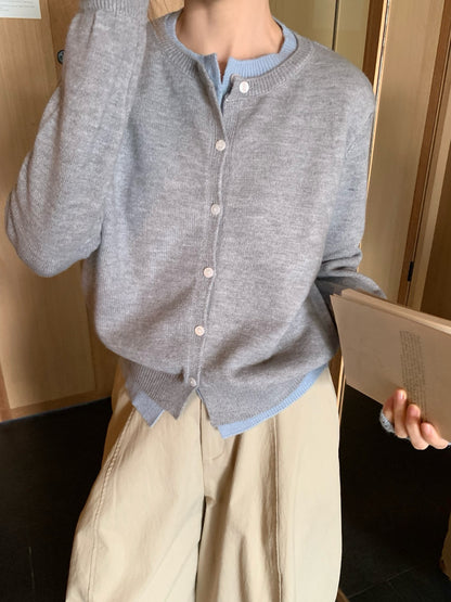 // 撞色疊穿假兩件針織外套