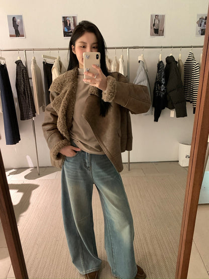 // 復古感皮毛一體做舊感皮外套