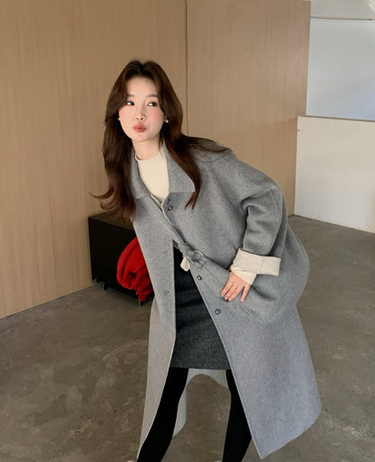 // 100%羊毛簡約翻領長款手工外套(連斜背包)