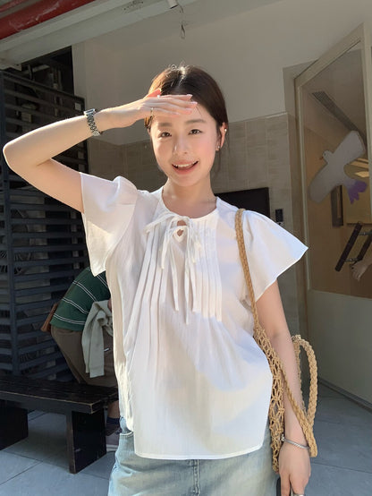 // 壓褶綁帶小飛袖BL