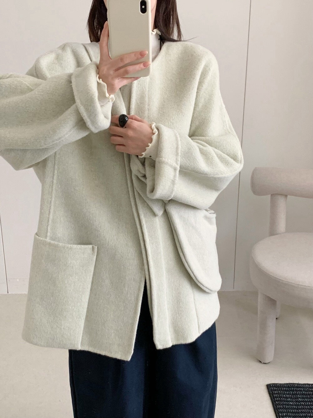 // 100%wool圓領大袋雙面毛呢外套(連袋仔)