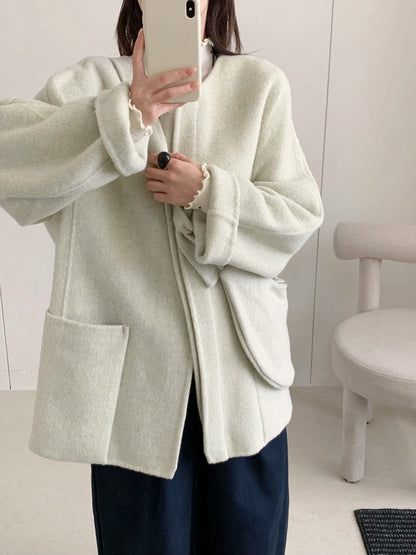 // 100%wool圓領大袋雙面毛呢外套(連袋仔)