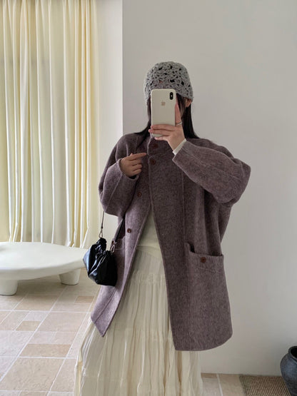 // 立領簡約風100%羊毛手工雙面中長外套