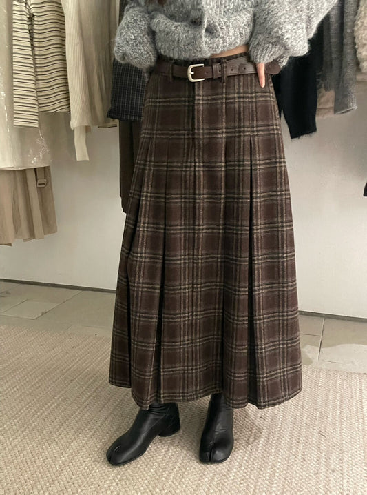 // 30%wool格紋壓褶毛呢中長裙(連腰帶)