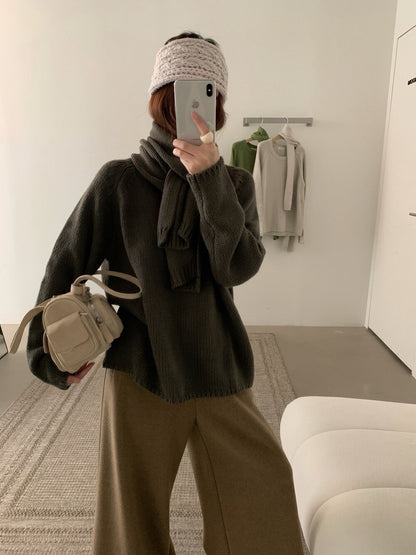 // 巨美粗針慵懶感落肩毛衣(連頸巾)