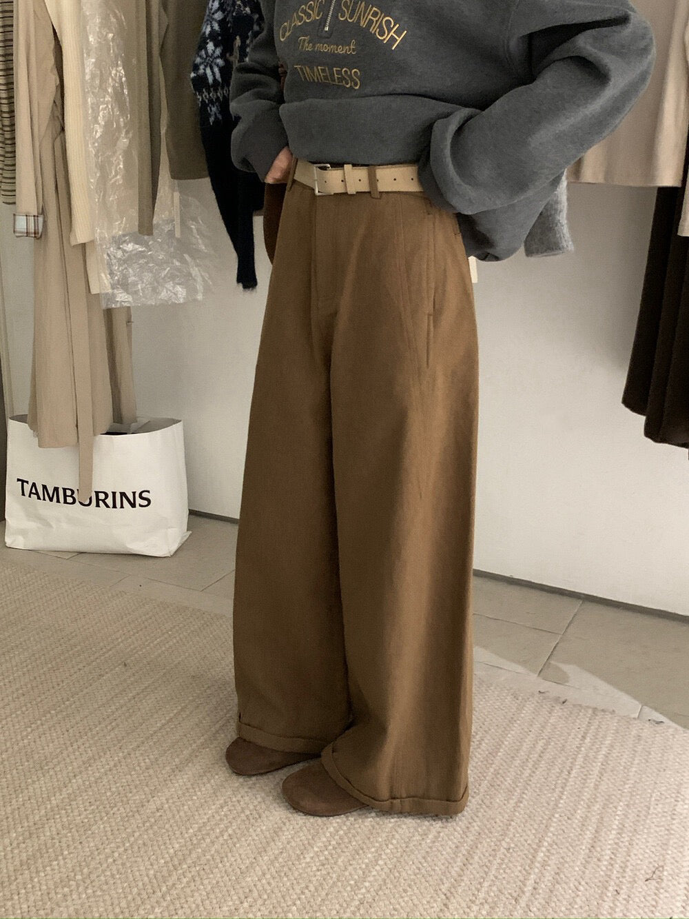 // 大熱鬆弛感加絨彎刀褲(連腰帶)