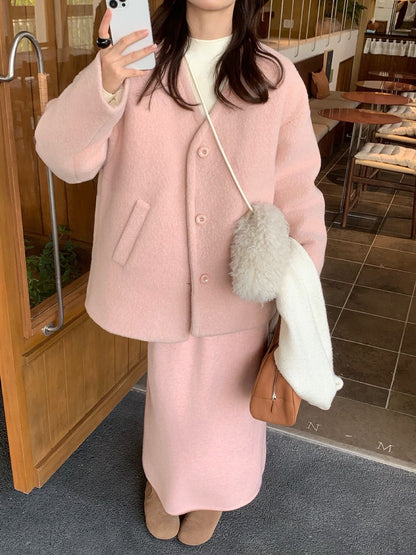 // 寬鬆版型夾棉V領毛呢外套