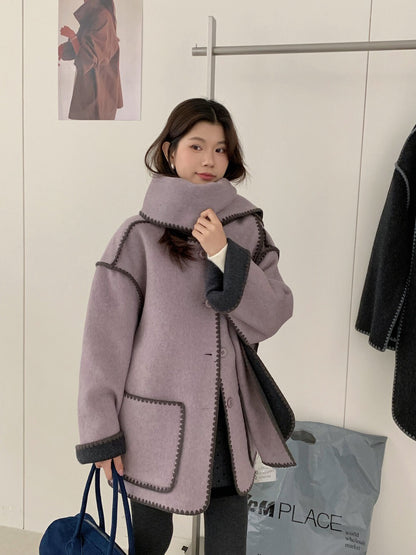 // 可雙面穿撞色縫邊70%羊毛外套(連頸巾)
