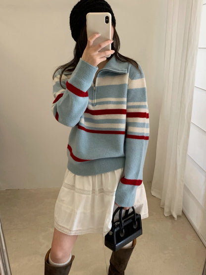 // 100%wool復古感拼間半拉鍊立領毛衣