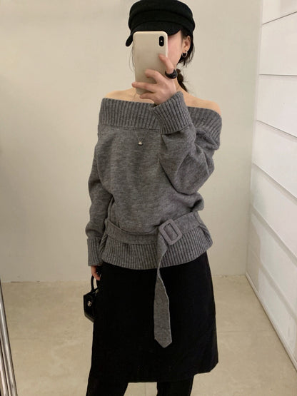 // 一字肩斜肩連腰帶NT