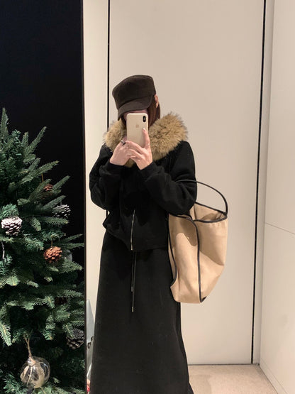 // 可拆毛毛領連帽拉鍊衛衣外套+中裙套裝￼