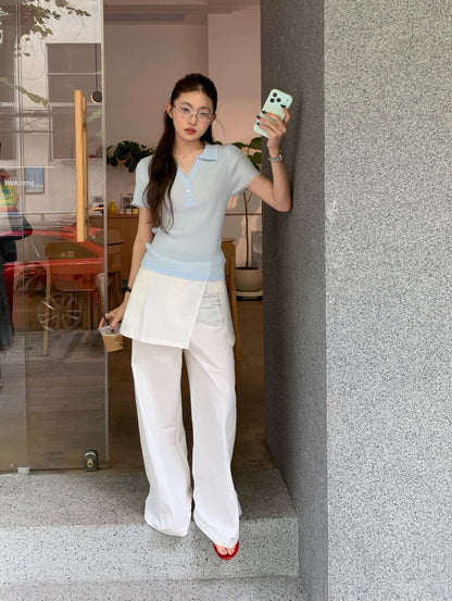 // 拼接lace邊小V翻領直紋NT