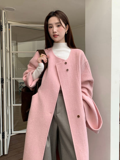 // 100%wool簡約圓領手工雙面長外套(連頸巾)