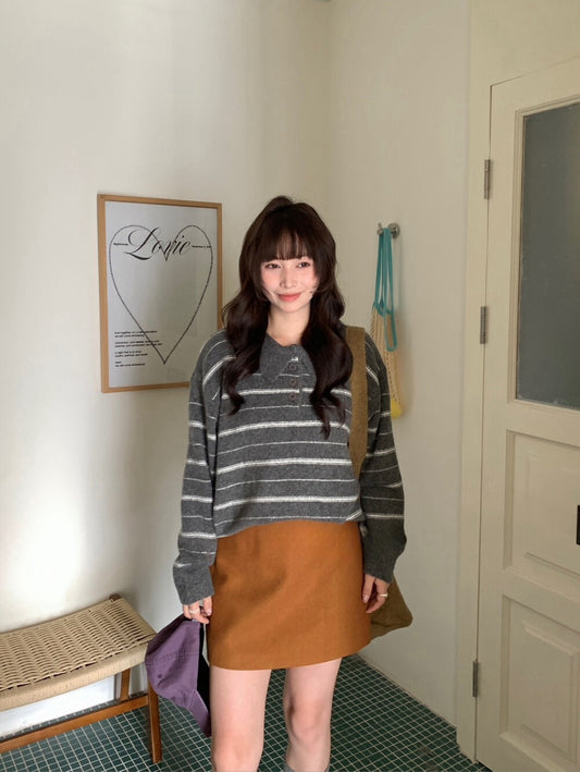 // 超軟糯miu風翻領間條毛衣