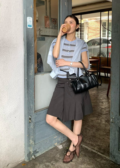 // 極顯瘦圓領小鈕扣間條短袖NT