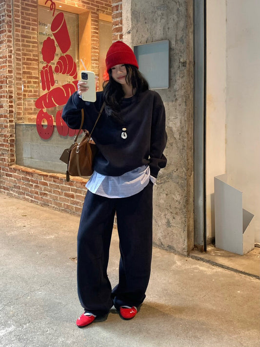 // 超韓拼接袖衛衣+褲頭拼接連針織裙簾褲套裝