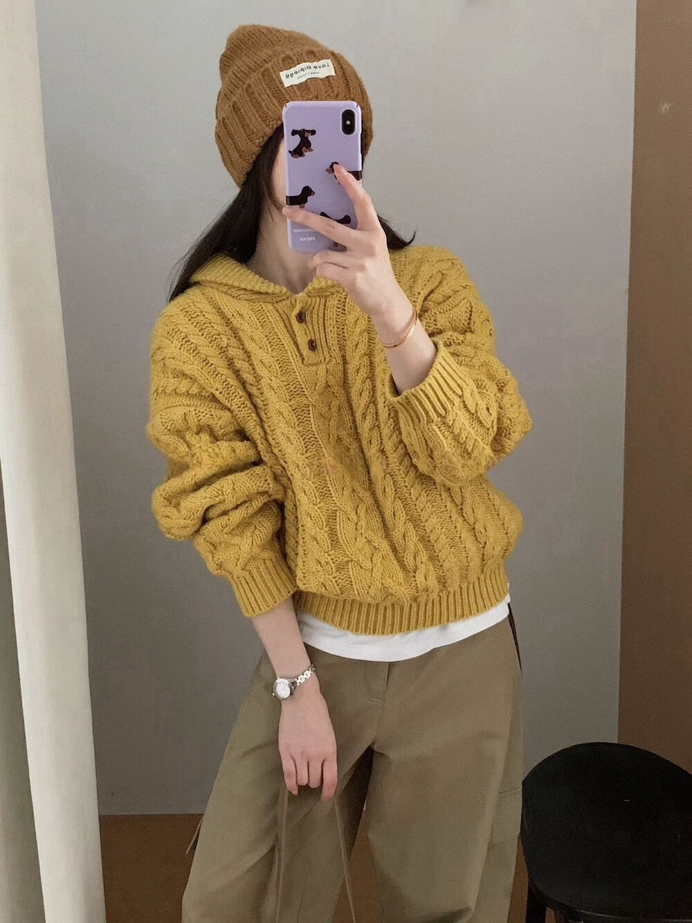 // 30%羊毛紋理感麻花鈕扣翻領毛衣