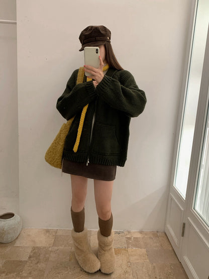 // 大口袋翻領粗棒織拉鍊CD