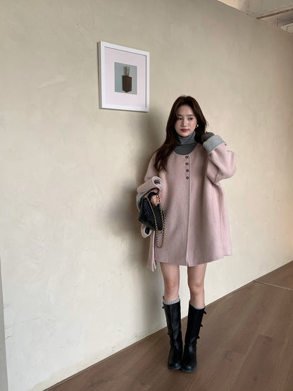 // 100%羊毛簡約高級感三粒鈕中長手工外套(連連帽頸巾)
