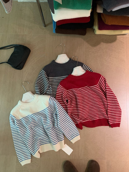 // 簡約圓領間條圓領毛衣