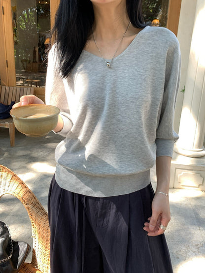 🖊️ 知性風蝙蝠袖麻混紡V領針織上衣