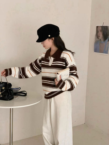 // 30%綿羊毛翻領拼色間條毛衣