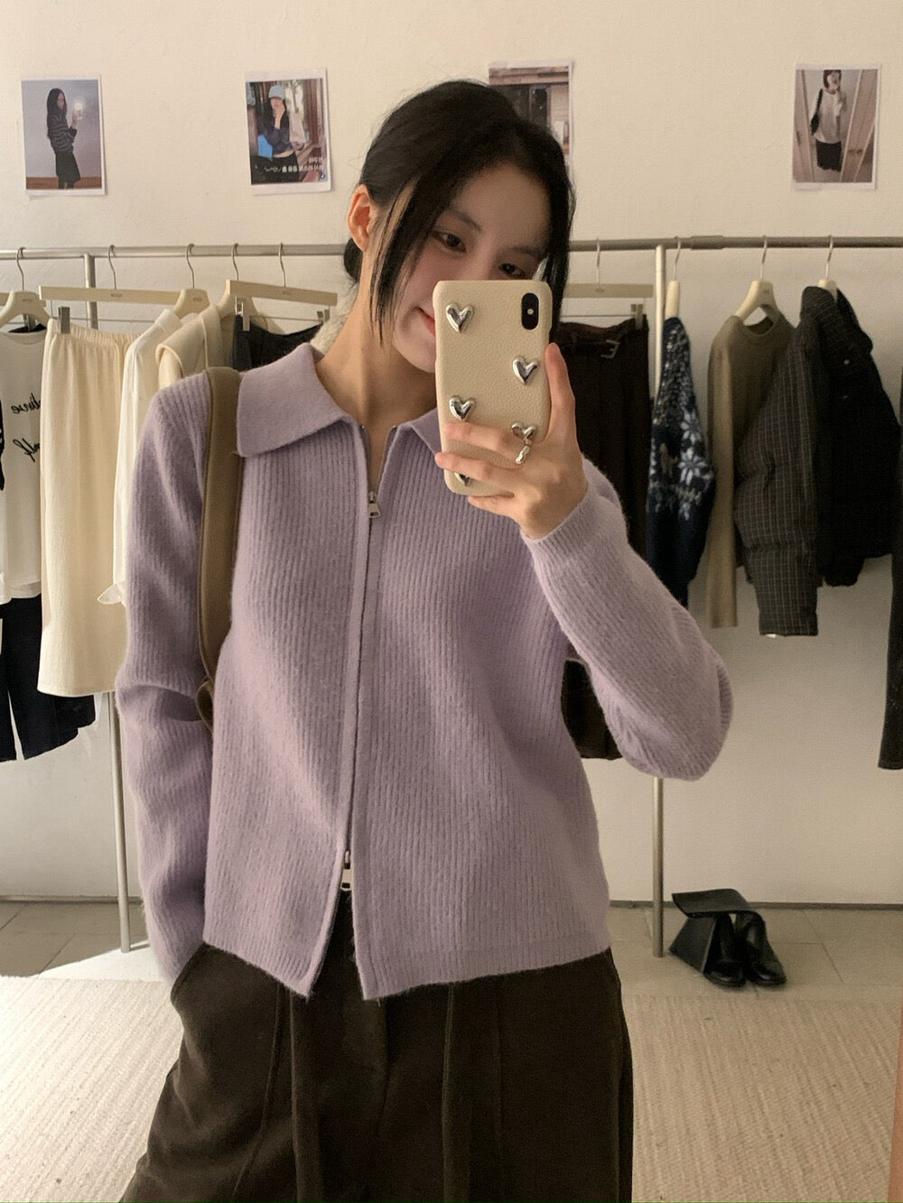 // 細直坑紋翻領上下拉鍊CD