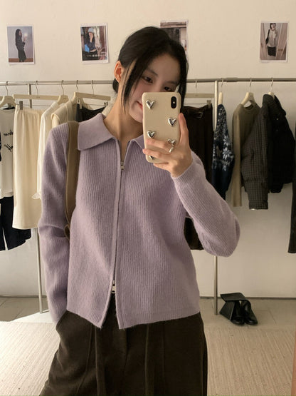 // 細直坑紋翻領上下拉鍊CD