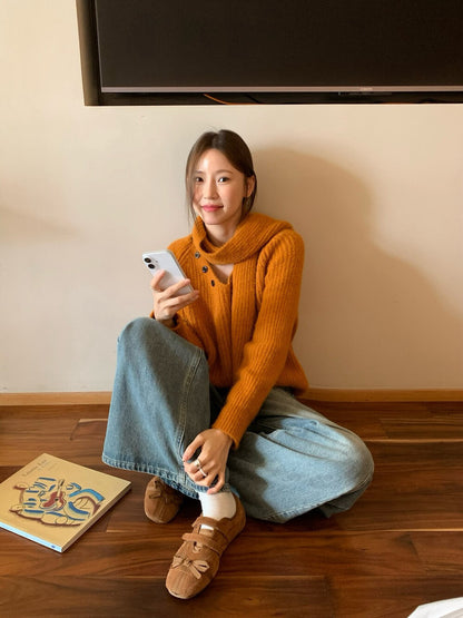 // 慵懶領邊鈕扣設計連頸巾毛衣