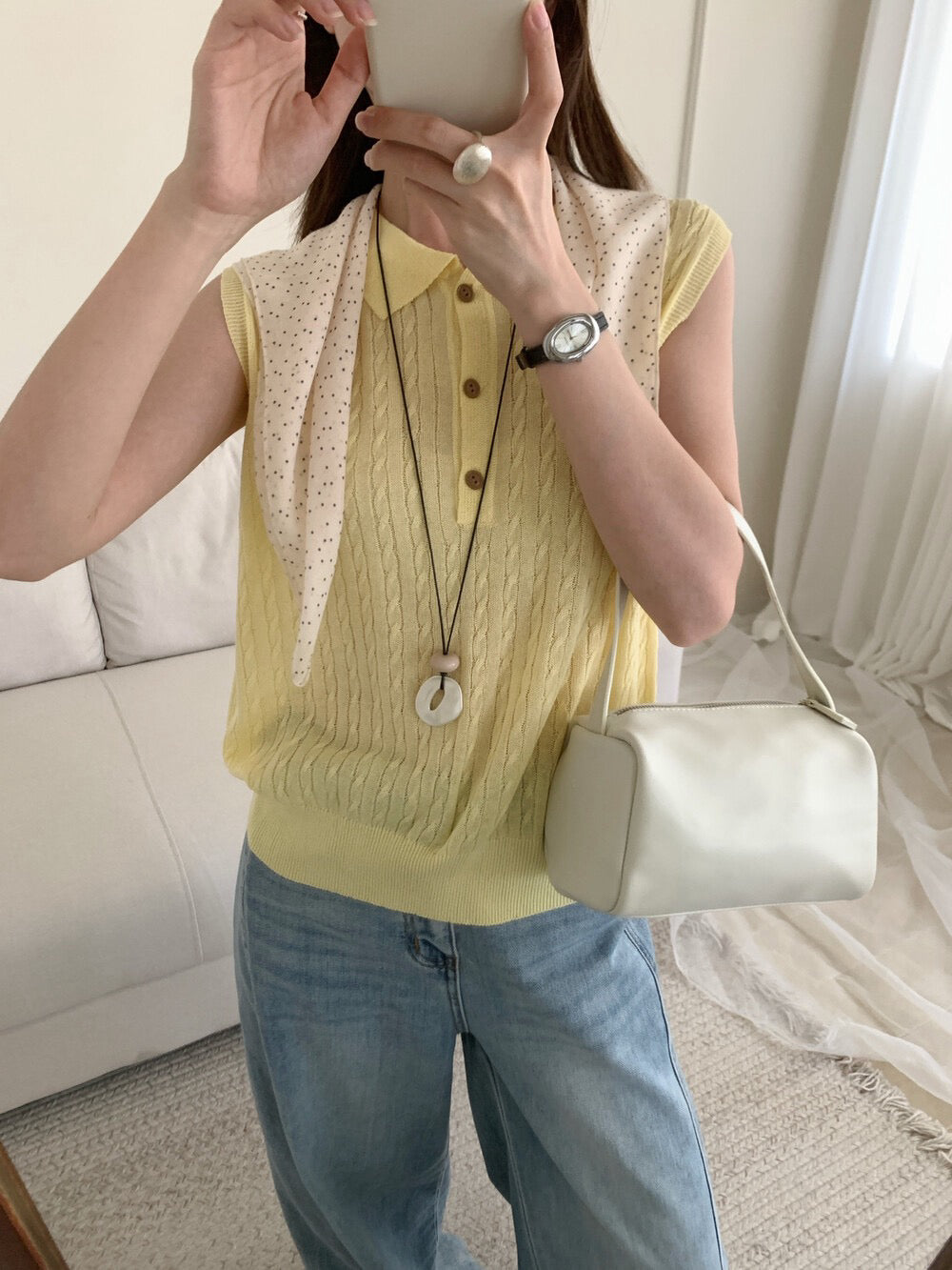 // 天絲麻透氣麻花polo背心針織