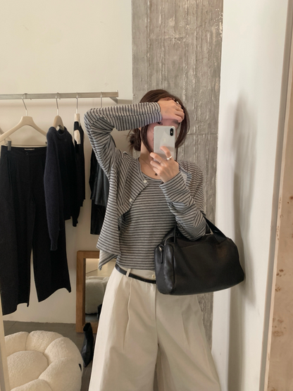 // 慵懶親膚間條吊帶+外套套裝