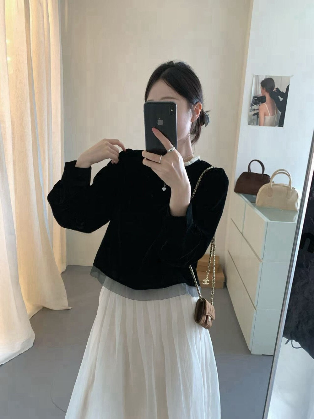 // 氣質絲絨花邊領後綁帶拼lace腳BL