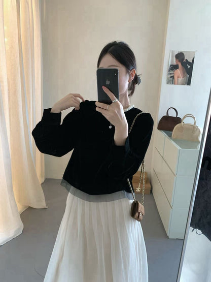 // 氣質絲絨花邊領後綁帶拼lace腳BL