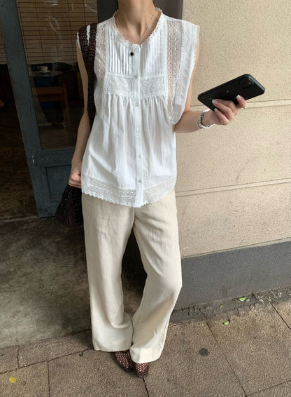 // 精緻壓褶+拼接lace背心