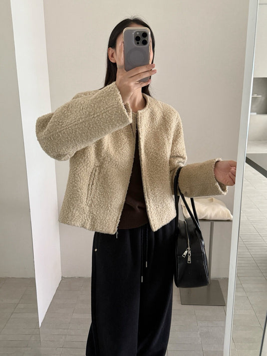 // 圓領圈圈絨簡約拉鏈外套