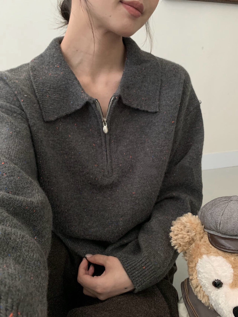 // 100%wool半拉鍊翻領毛衣