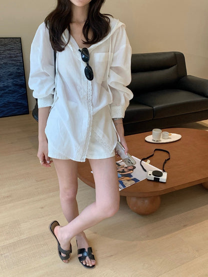 // 拼接lace邊連帽排扣上衣